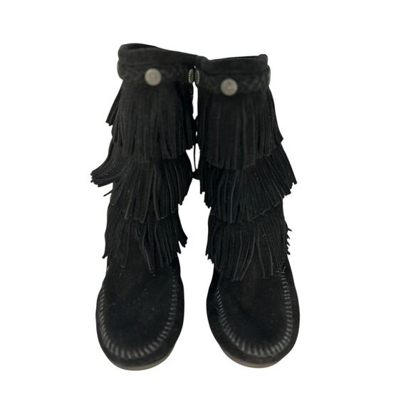 Minnetonka Triple Tiered Fringe Boots Girls Sz 4 Suede Western Moccasin Cowgirl - Picture 2 of 8